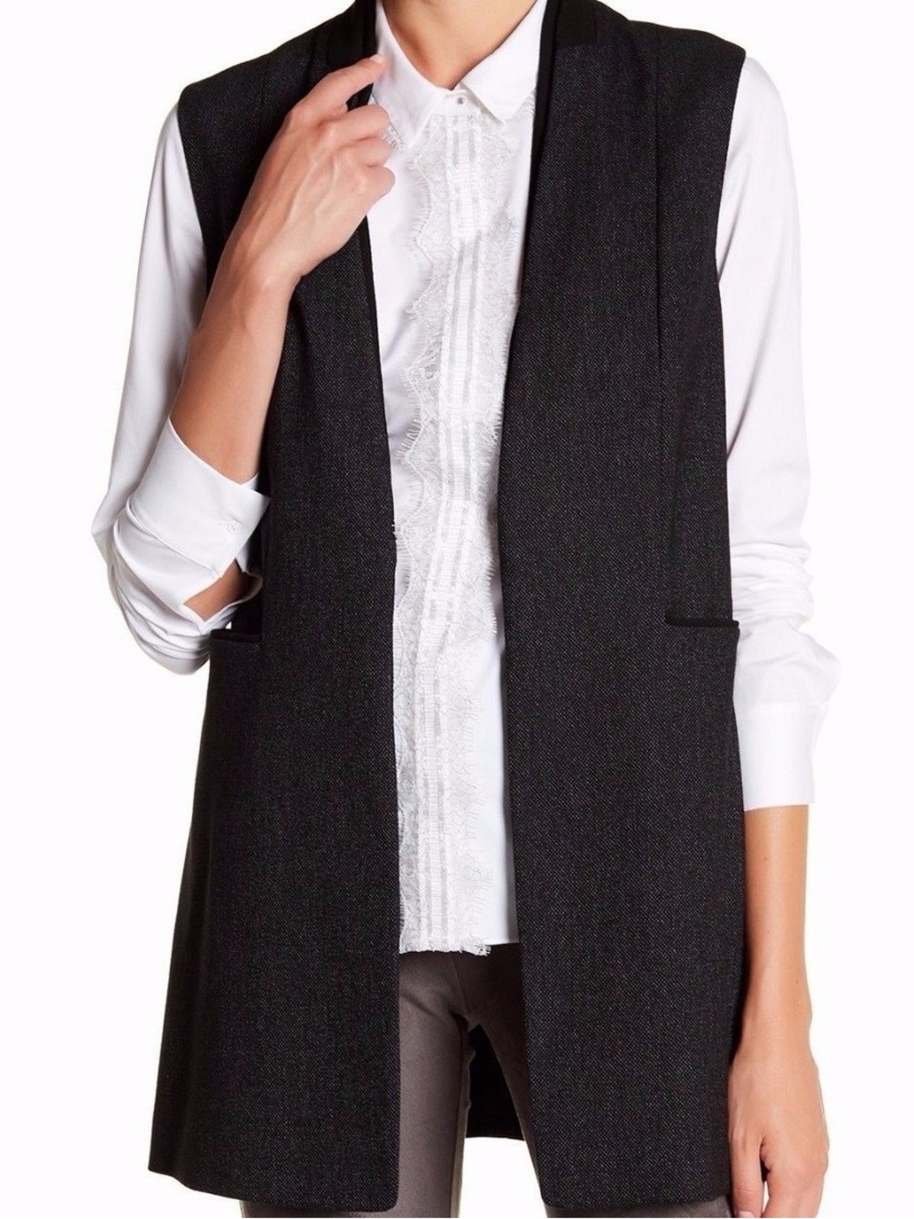 Elie Tahari Black Sleeveless Open-Front Long Vest